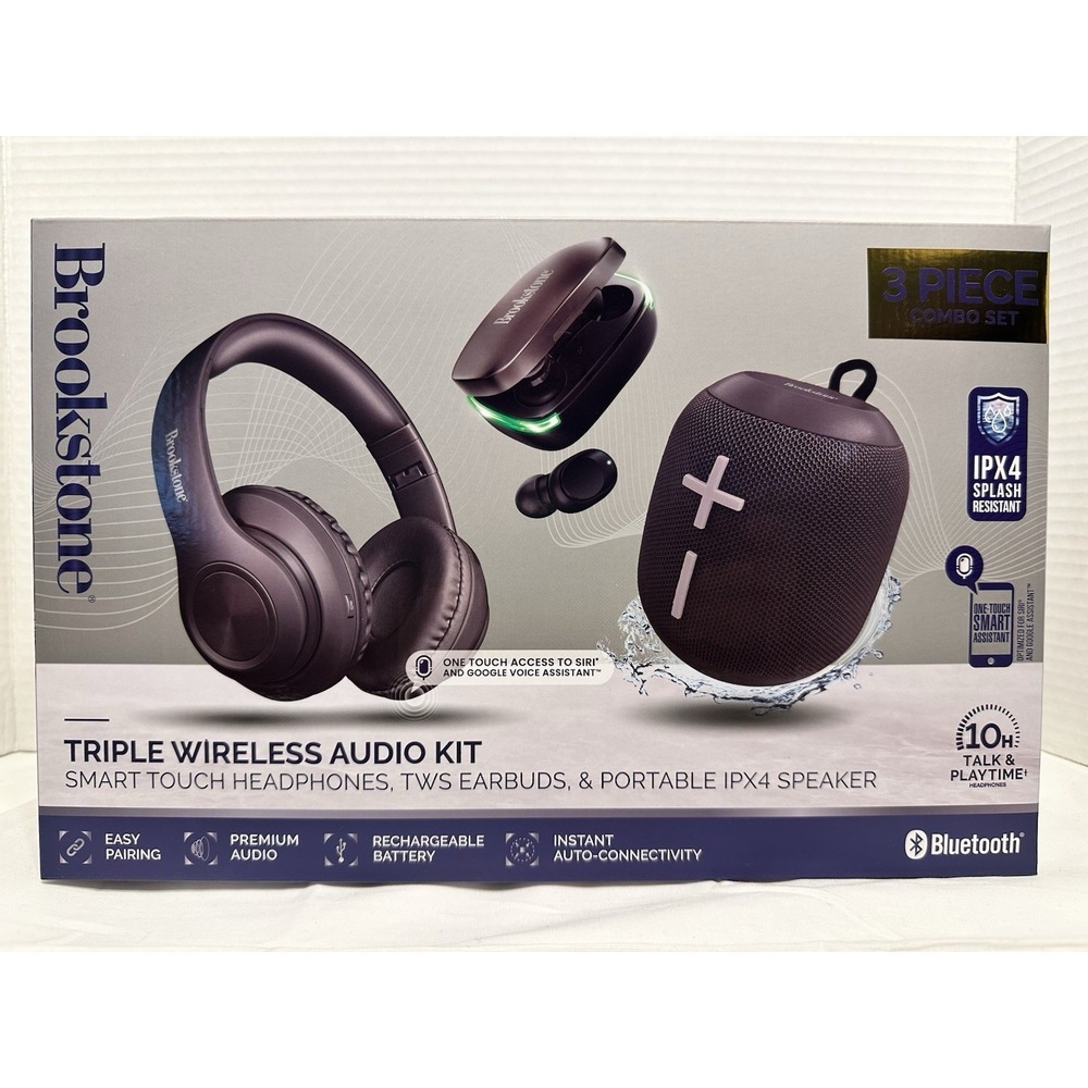 Brookstone 3 in 1 Wireless Audio Kit‎ Headphones Earbuds Speaker IPX4